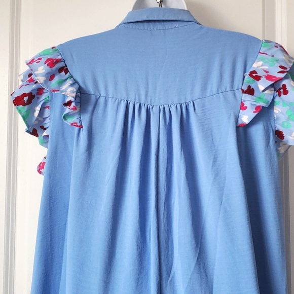 Umgee Tiered Dress Printed Flutter Sleeves V Neck Collar Midi Blue XL - Picture 8 of 11